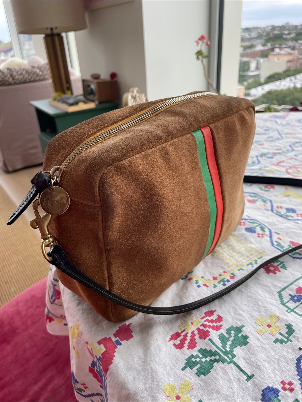 Brown Suede Clare V Bag with Green & Red Stripe - Picture 5 of 6